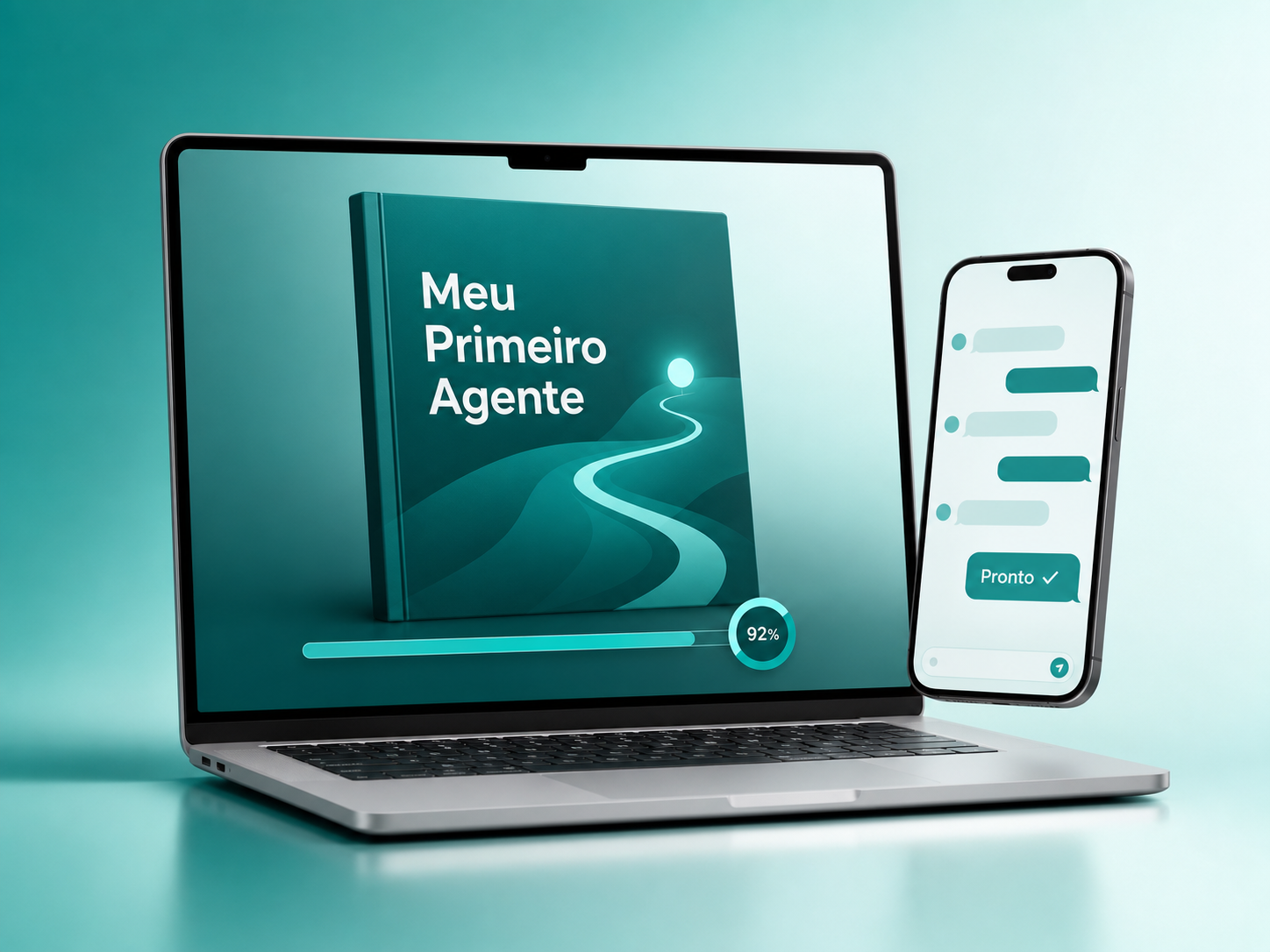 Mockup do guia Meu Primeiro Agente em laptop e celular com chat pronto