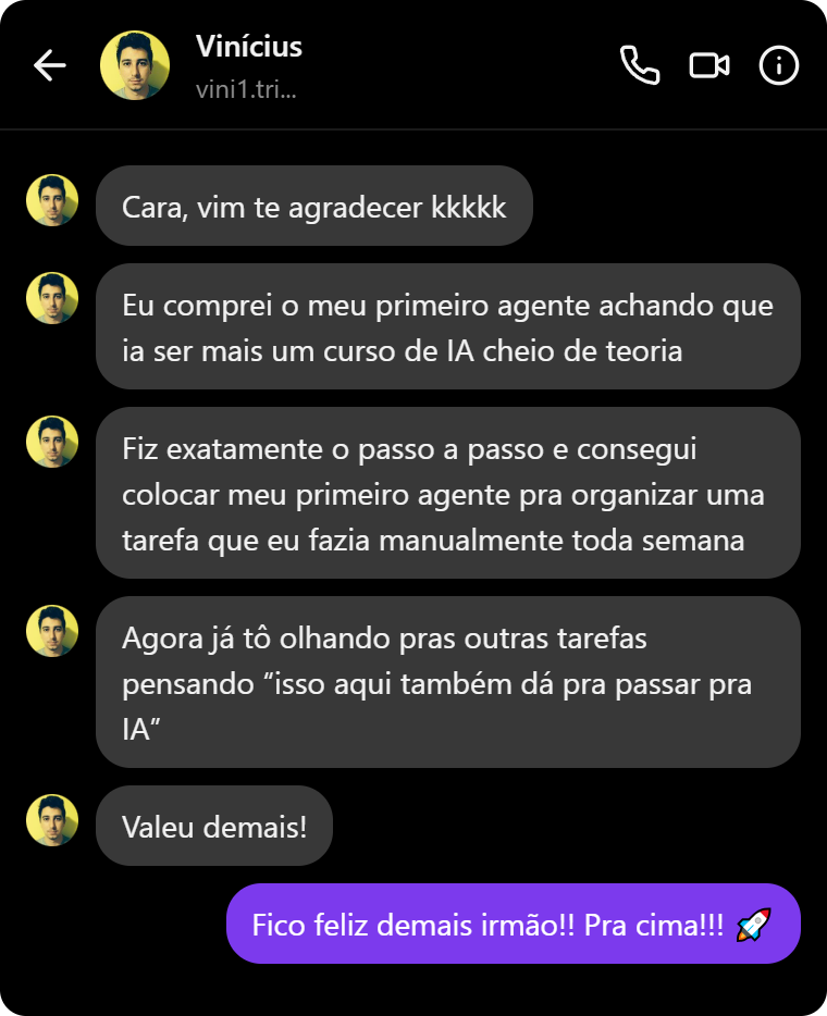 Print de DM no Instagram — cliente agradecendo por conseguir automatizar uma tarefa que fazia manualmente toda semana
